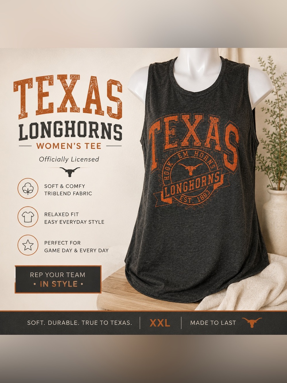 Texas Longhorns Graphic Muscle Tank Top XXL Gray Orange Gameday Social